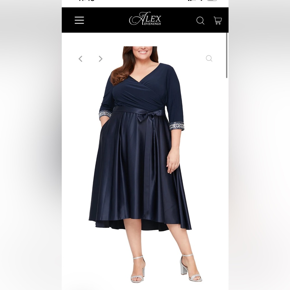 Plus Tea Length Surplice Neckline with High Low Full Skirt, Belt,Beaded Detail